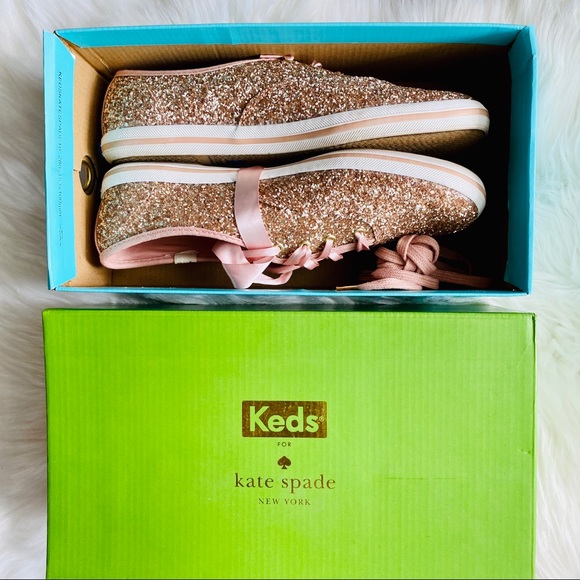 Kate Spade Rose Gold Glitter Lace Up Sneakers IOB - Picture 10 of 16